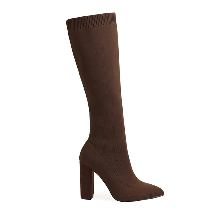 Chunky Heel Pointed Toe Sock Boots