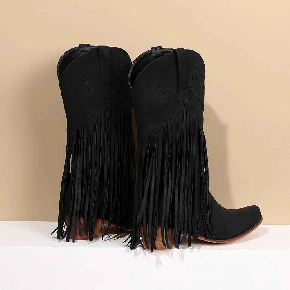 Daisy's Faux Suede Leather Fringed Cowgirl Boots
