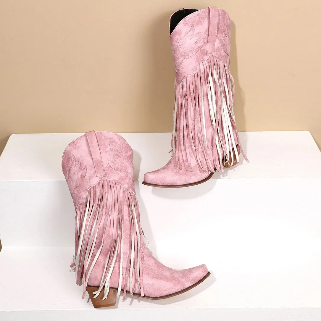 Daisy's Faux Suede Leather Fringed Cowgirl Boots