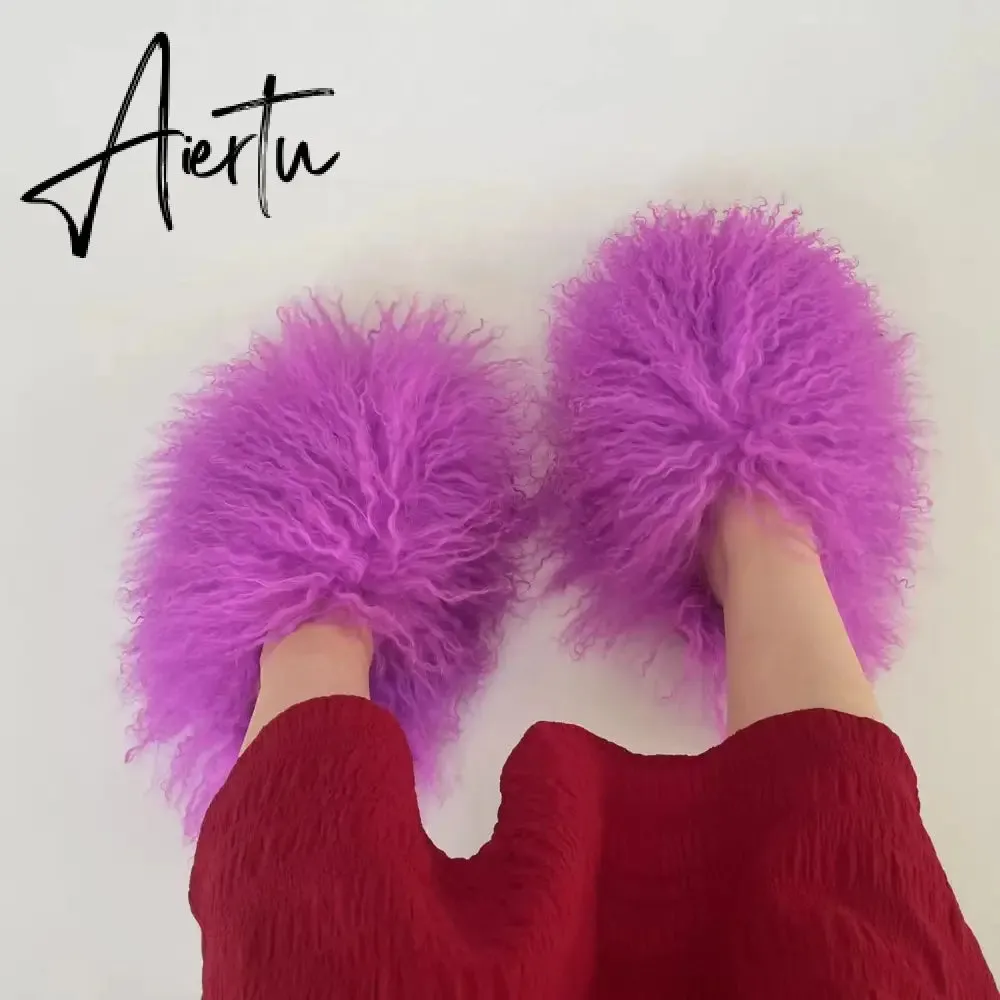 Luxury Fur Slippers Women Round Toe Mongolian Fur Slides Woman Shoes Women Flat Half Slippers