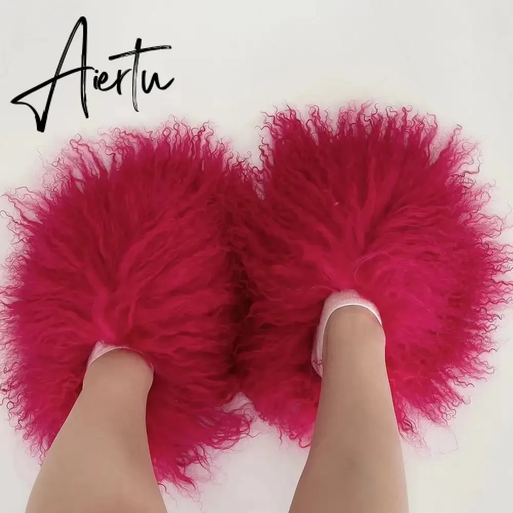Luxury Fur Slippers Women Round Toe Mongolian Fur Slides Woman Shoes Women Flat Half Slippers