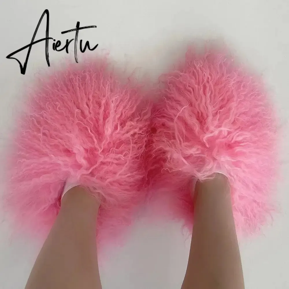 Luxury Fur Slippers Women Round Toe Mongolian Fur Slides Woman Shoes Women Flat Half Slippers