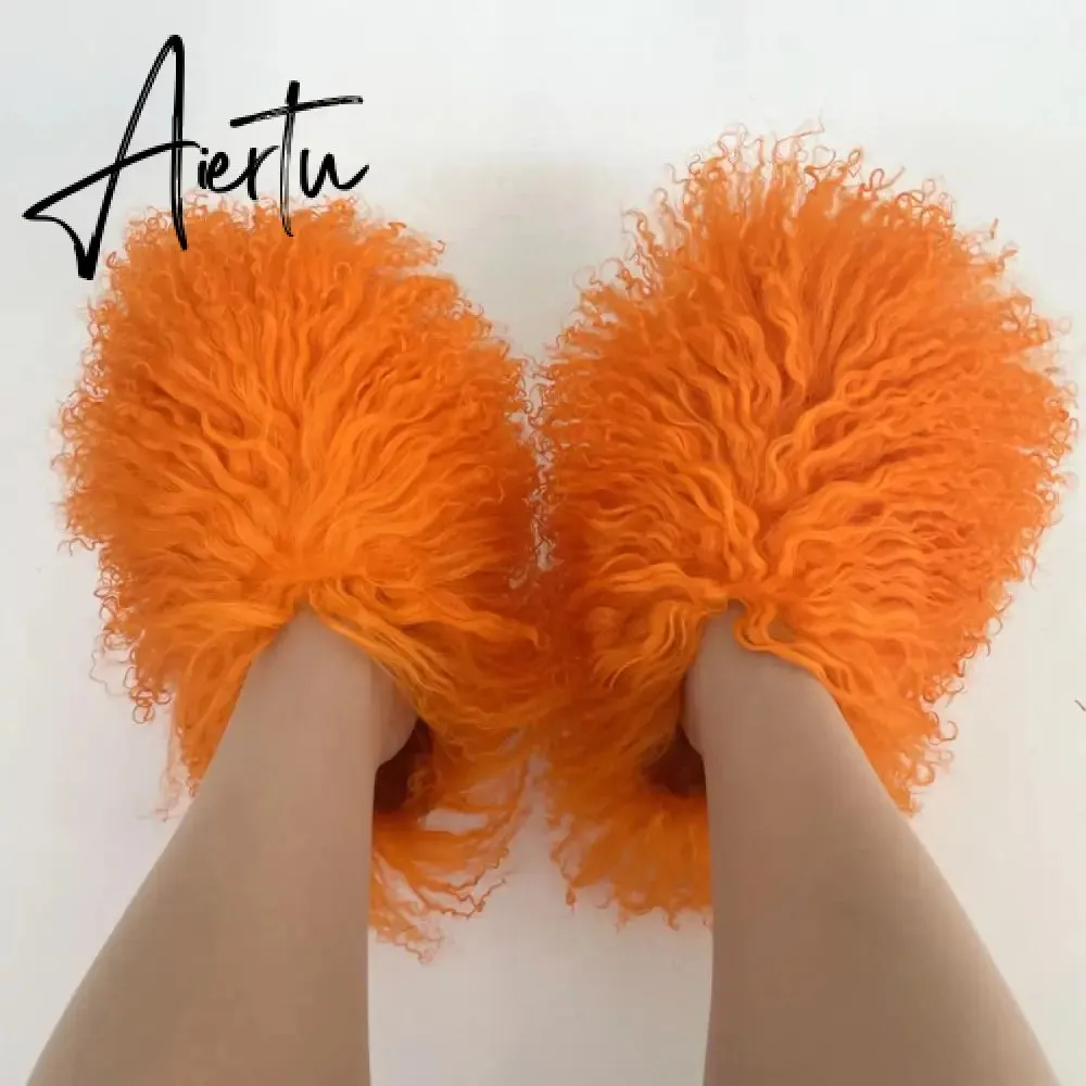 Luxury Fur Slippers Women Round Toe Mongolian Fur Slides Woman Shoes Women Flat Half Slippers
