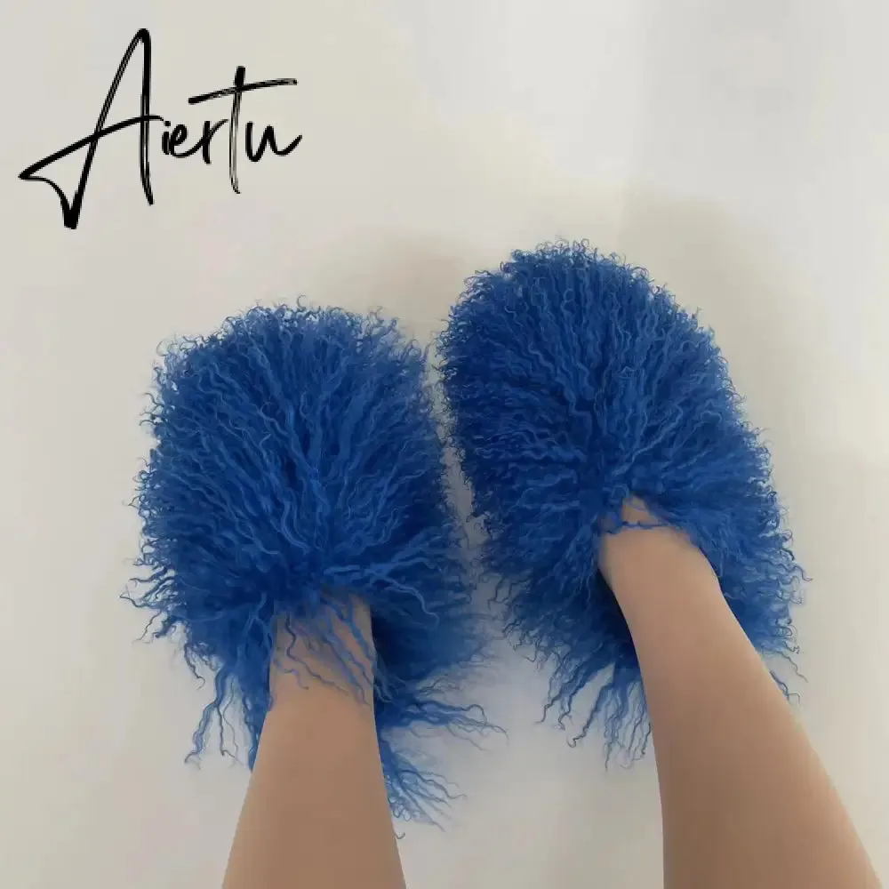 Luxury Fur Slippers Women Round Toe Mongolian Fur Slides Woman Shoes Women Flat Half Slippers