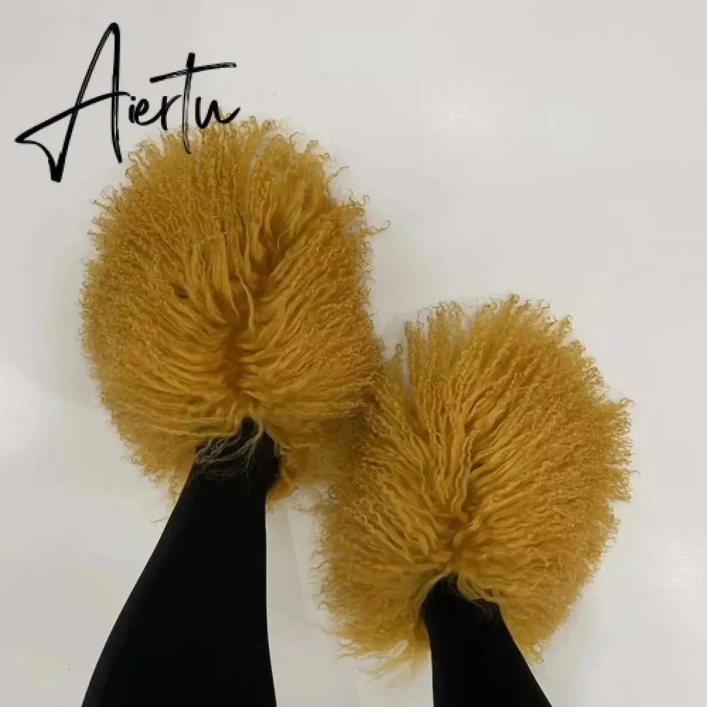 Luxury Fur Slippers Women Round Toe Mongolian Fur Slides Woman Shoes Women Flat Half Slippers