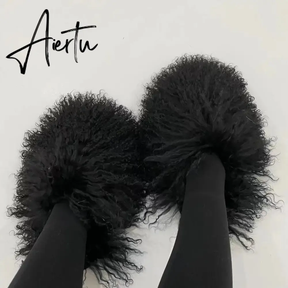 Luxury Fur Slippers Women Round Toe Mongolian Fur Slides Woman Shoes Women Flat Half Slippers