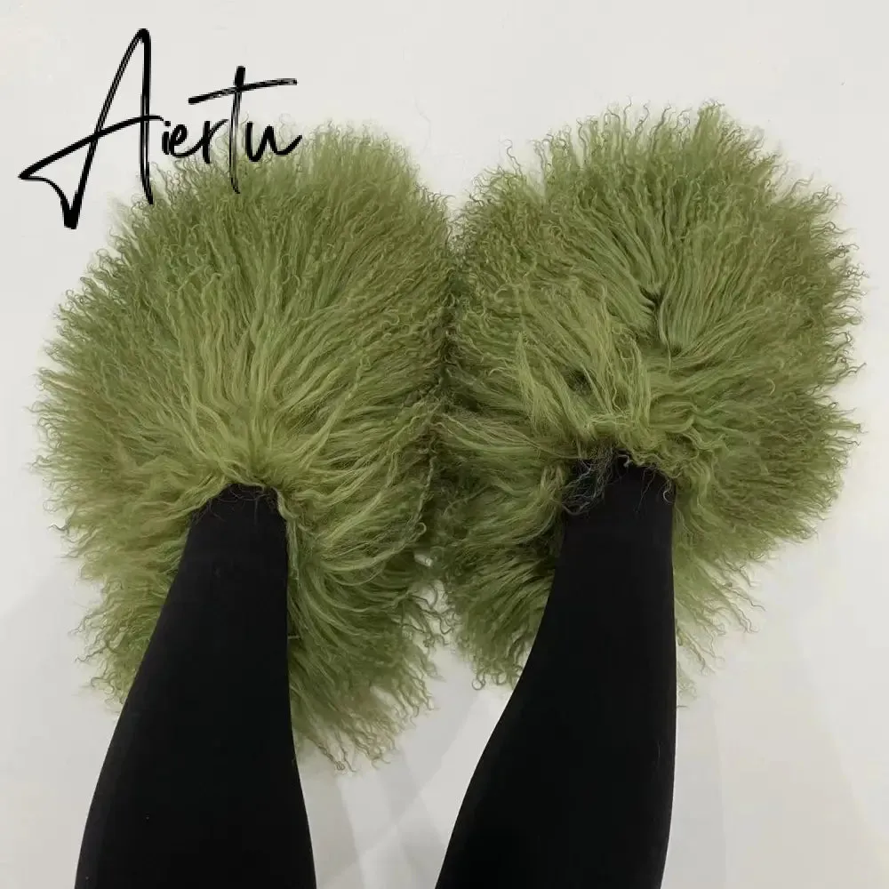 Luxury Fur Slippers Women Round Toe Mongolian Fur Slides Woman Shoes Women Flat Half Slippers