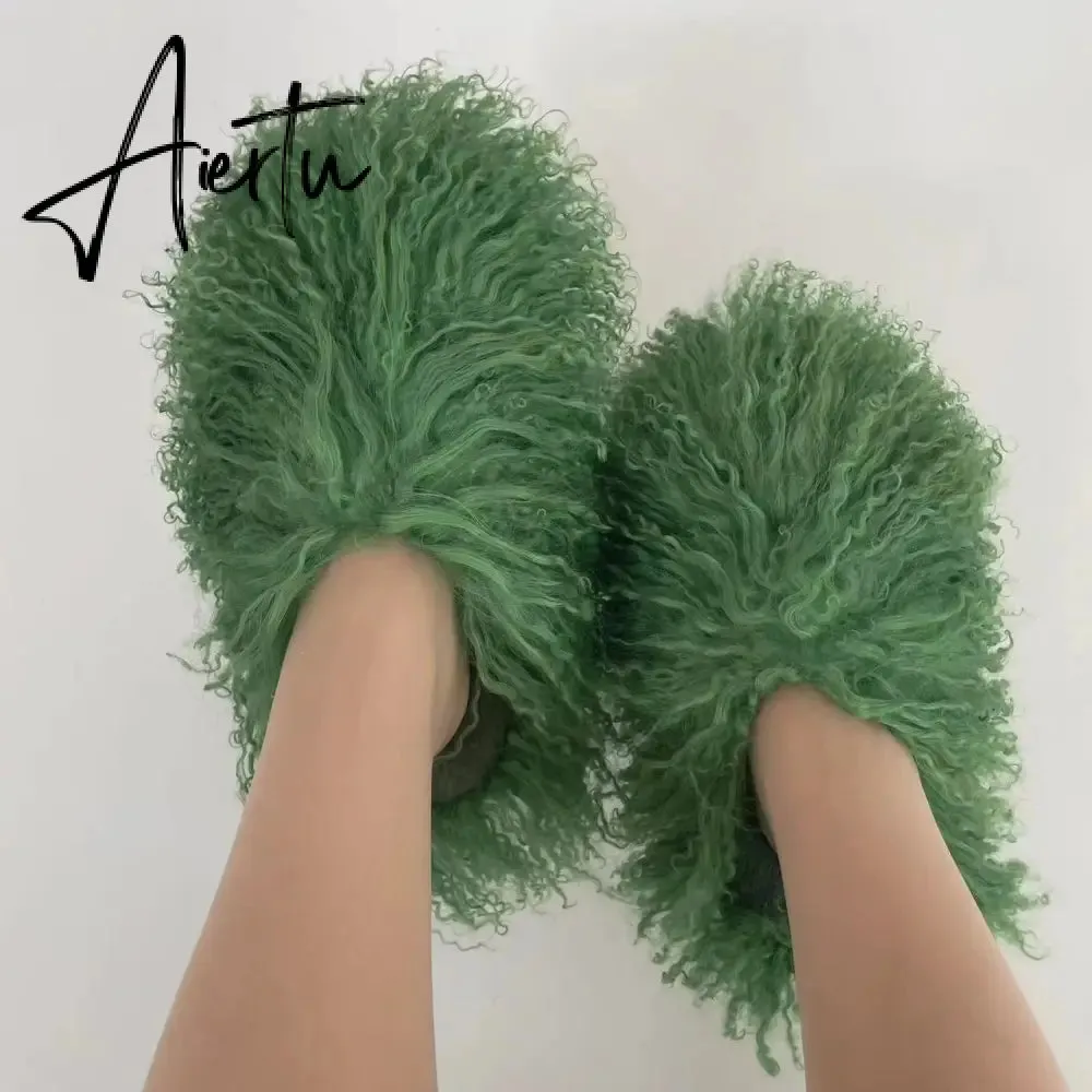 Luxury Fur Slippers Women Round Toe Mongolian Fur Slides Woman Shoes Women Flat Half Slippers