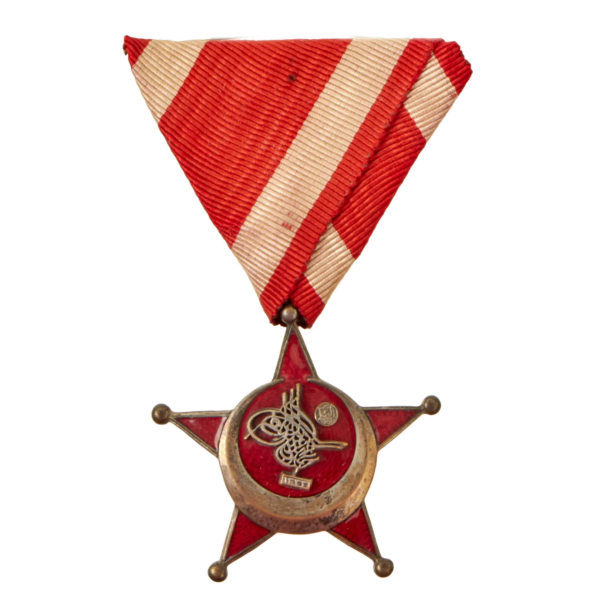 Original Turkish WWI Gallipoli Star Ottoman War Enamel Medal with Austrian Style Mount Ribbon
