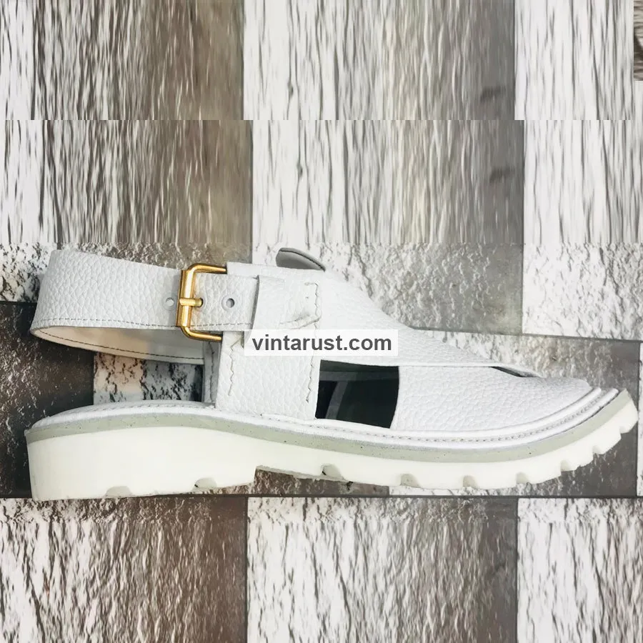Premium White Handmade Leather Kaptaan Men's  Chappal