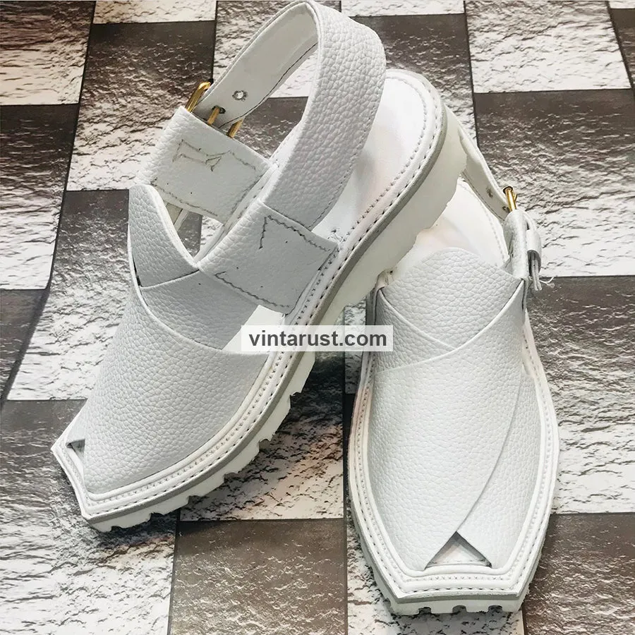 Premium White Handmade Leather Kaptaan Men's  Chappal